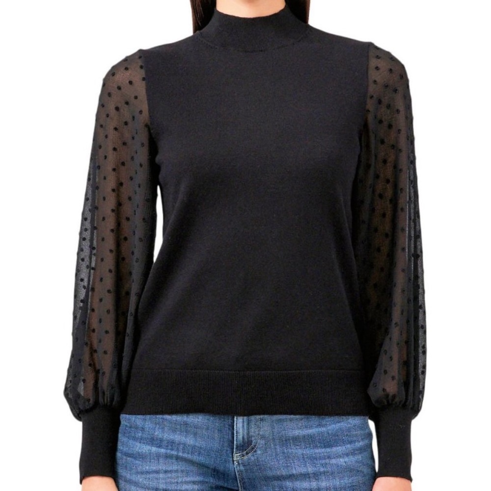 NEW Vince Camuto Ladies Clip Dot Sheer Sleeve Sweater Black M